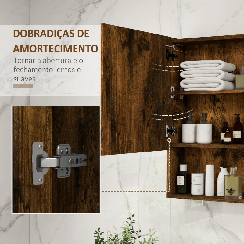 kleankin Armário Casa de Banho com Espelho e Luz LED Prateleira Ajustável Interruptor Tátil e Cor da Luz Ajustável 70x15x70 cm Marrom Rústico