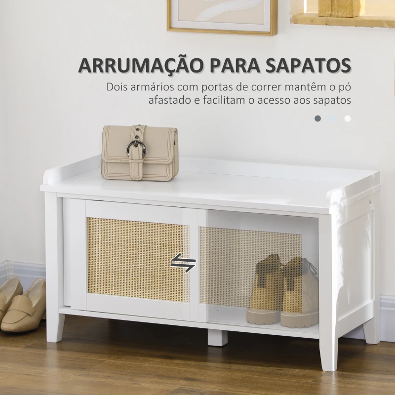HOMCOM Banco Sapateira com 2 Portas de Vime Estilo Boémio Carga Máxima 130 kg para Corredor Entrada 80x35x45 cm Branco e Bege