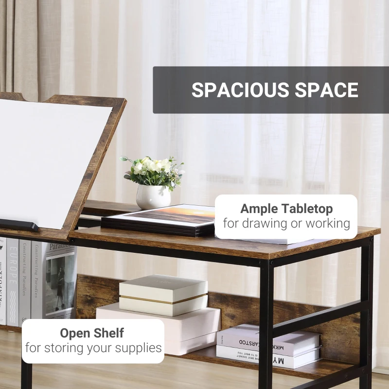 HOMCOM Tiltable Drafting Table Home Office Computer Desk w/ Open Shelf, Rustic Brown