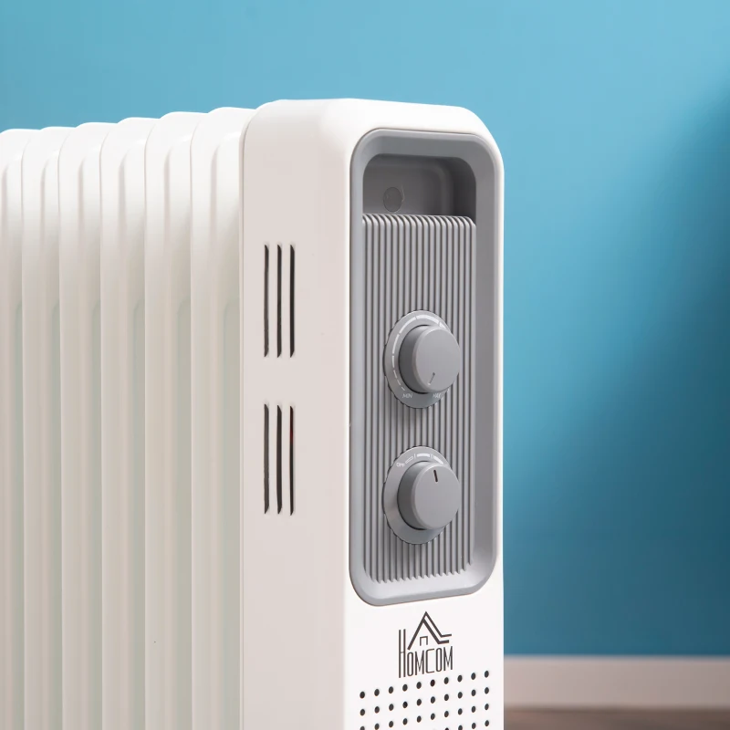 HOMCOM 2000W Oil Filled Radiator, 9 Fin, Portable Electric Heater with 3 Heat Settings, Safety Cut-Off and Wheels, White