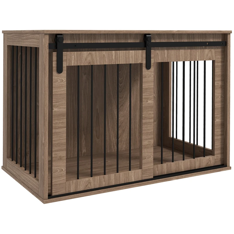 PawHut Hondenbench Hondenkooi, Afsluitbaar, Houtlook, Rustiek Ontwerp, 98 cm x 58 cm x 67 cm, Walnoot + Zwart(m-11)