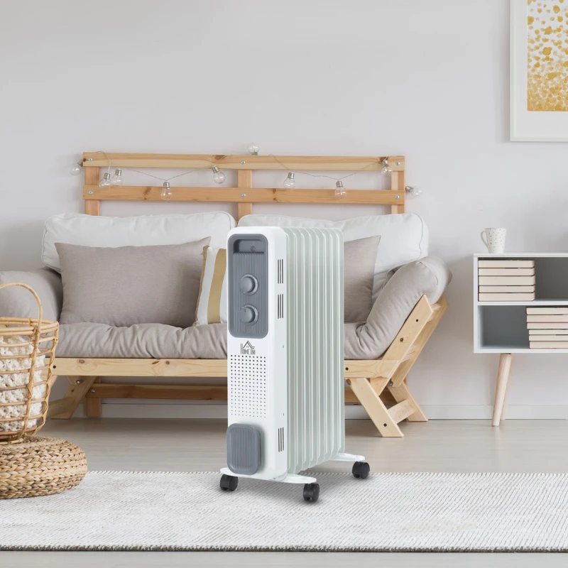 HOMCOM 2000W Oil Filled Radiator, 9 Fin, Portable Electric Heater with 3 Heat Settings, Safety Cut-Off and Wheels, White
