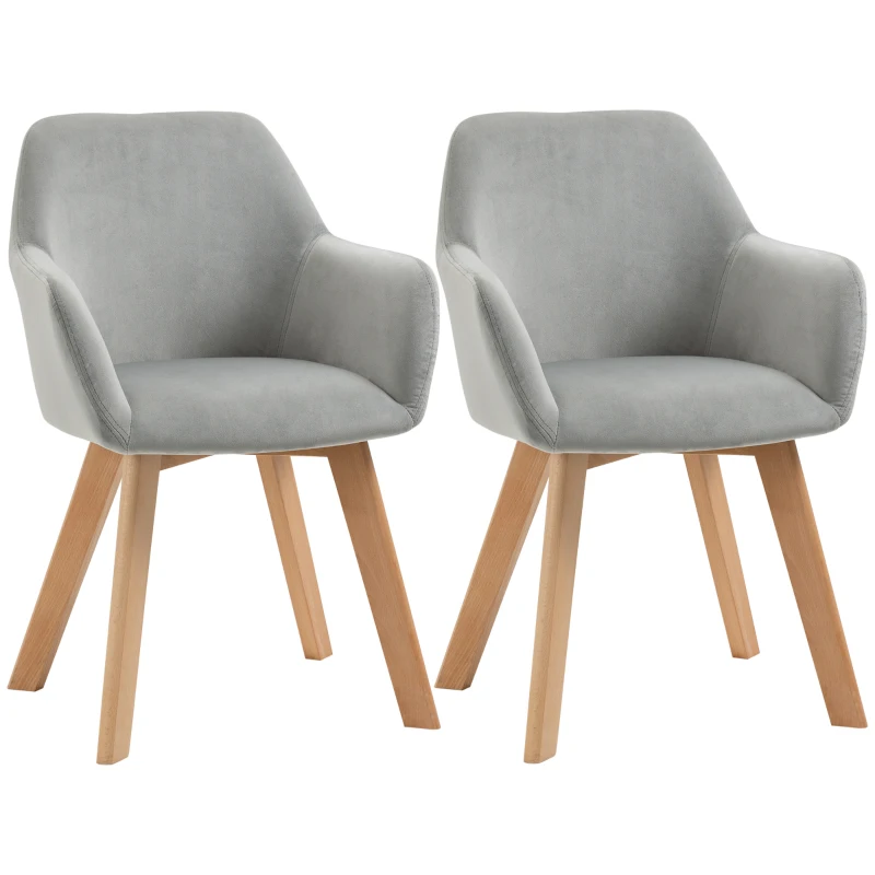 HOMCOM Set van 2 Stoelen, Eetkamerstoelen, Fluweel Look, Houten Poten, 54 cm x 57 cm x 80 cm, Grijs + Natuur(m-12)
