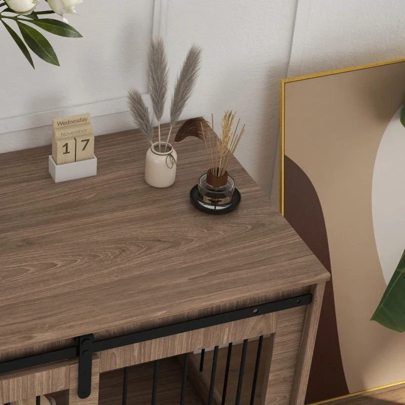 PawHut Hondenbench Hondenkooi, Afsluitbaar, Houtlook, Rustiek Ontwerp, 98 cm x 58 cm x 67 cm, Walnoot + Zwart(m-8)