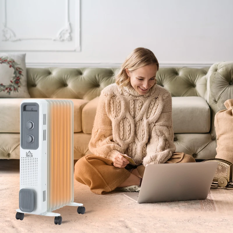 HOMCOM 2000W Oil Filled Radiator, 9 Fin, Portable Electric Heater with 3 Heat Settings, Safety Cut-Off and Wheels, White