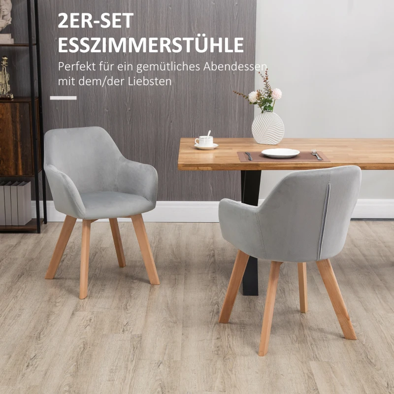 HOMCOM Set van 2 Stoelen, Eetkamerstoelen, Fluweel Look, Houten Poten, 54 cm x 57 cm x 80 cm, Grijs + Natuur(m-4)