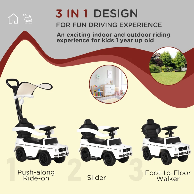 HOMCOM 3 in 1 Kids Children Ride on Push Car Toddler Sliding Car G350 Licensed Walker Foot to Floor Slider Push-Along with Horn Steering Wheel NO POWER Manual, White