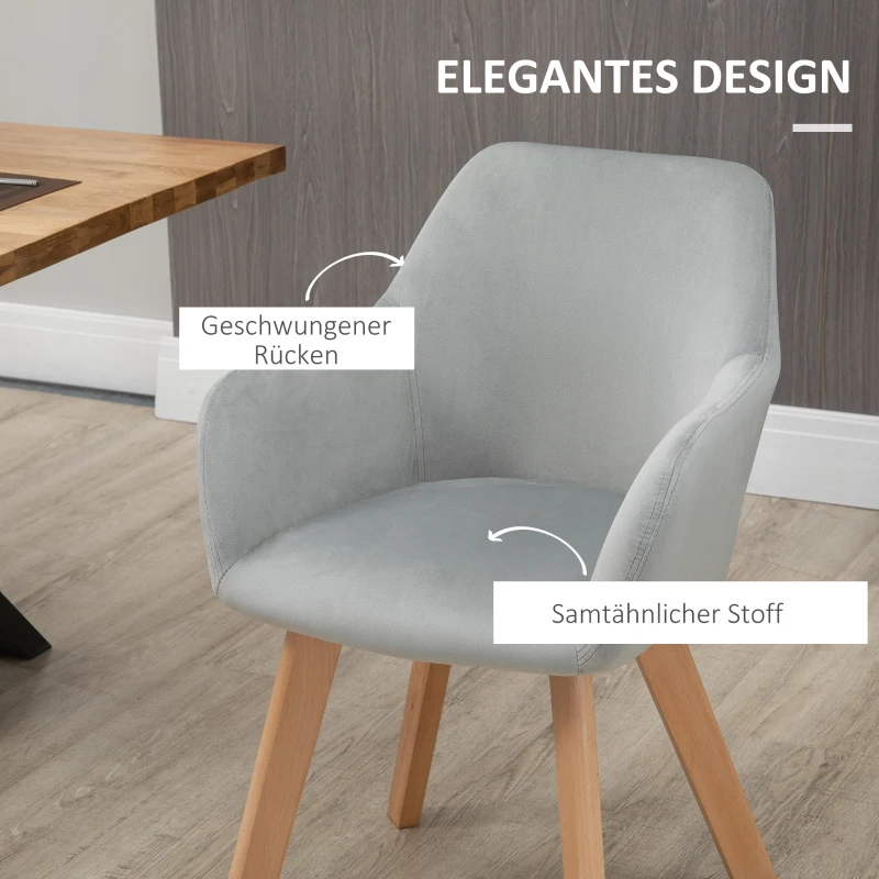 HOMCOM Set van 2 Stoelen, Eetkamerstoelen, Fluweel Look, Houten Poten, 54 cm x 57 cm x 80 cm, Grijs + Natuur(m-5)