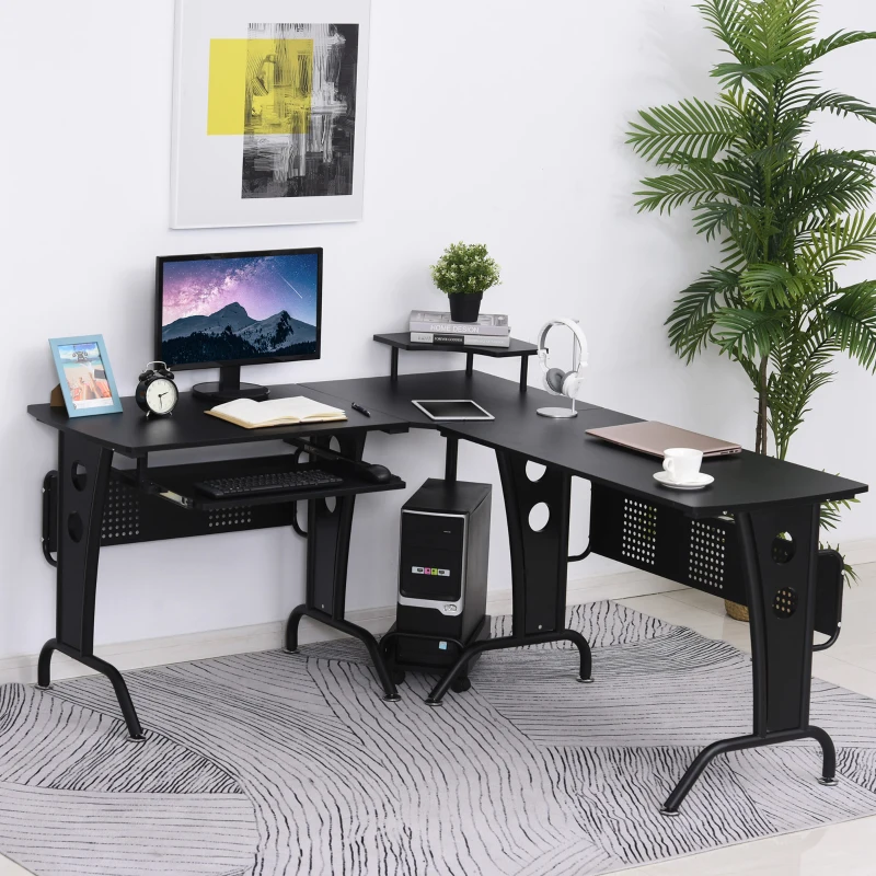 HOMCOM L-Shaped Corner Desk, Gaming Desk with CPU Rack, Keyboard Tray, Space-Saving Computer Desk with Steel Frame for Home Office,165 x 145 x 86.5cm, Black