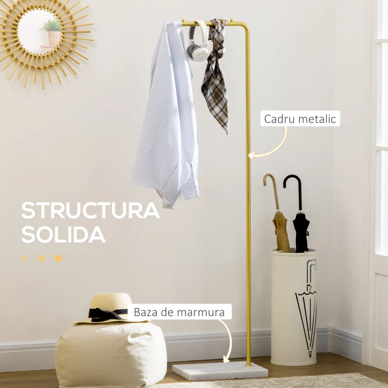 HOMCOM Suport de haina pentru intrare, dormitor si sufragerie din metal si marmura, 35x25x152 cm, auriu si alb