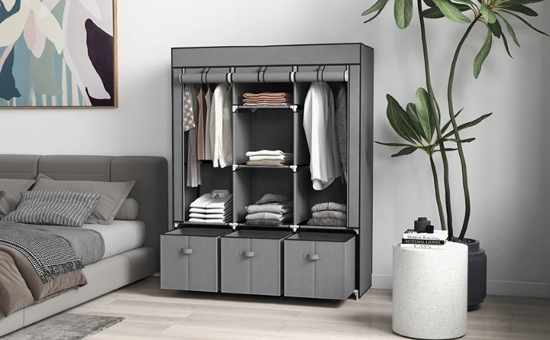 HOMCOM Fabric Wardrobe, Portable Wardrobe with 5 Shelves, 2 Hanging ...