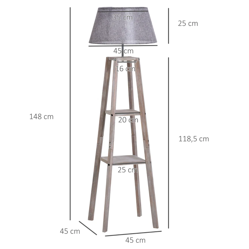 HOMCOM Lampadaire design contemporain 2 étagères intégrées 40 W max. dim. 45L x 45l x 148H cm pin lin gris