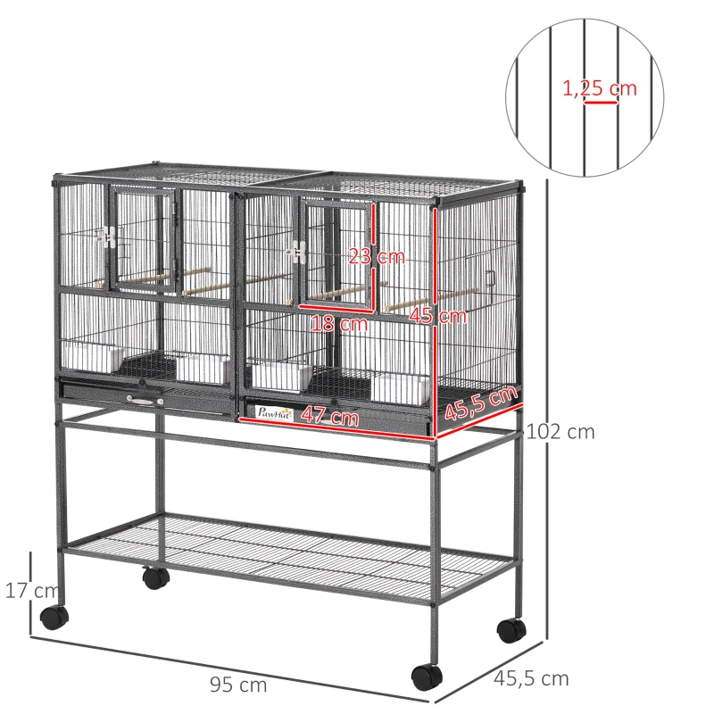 PawHut Large Bird Cage Parrot Cage with Divider, Slide Tray for Finch Canaries Parakeets Cockatiels, 95 x 45.5 x 102 cm