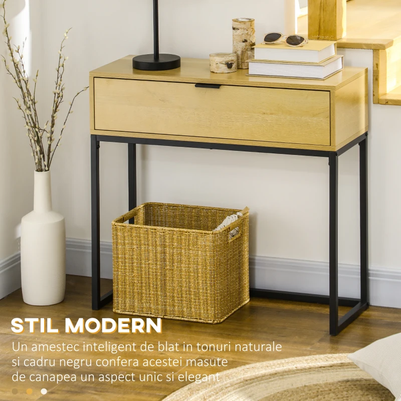 HOMCOM Consola pentru hol cu sertar, masa consola din lemn cu picioare din otel, 80x30x76cm, lemn si negru