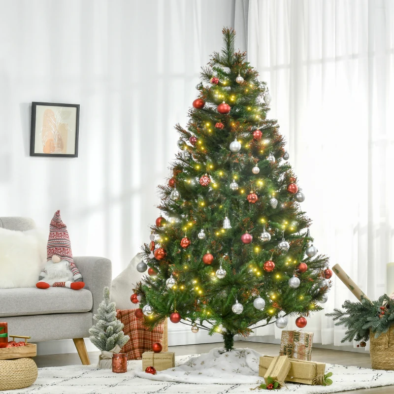 HOMCOM 1.8m 6ft Pre-Lit Christmas Tree Artificial Spruce Xmas Tree Warm White LED Holiday Décor with Metal Stand