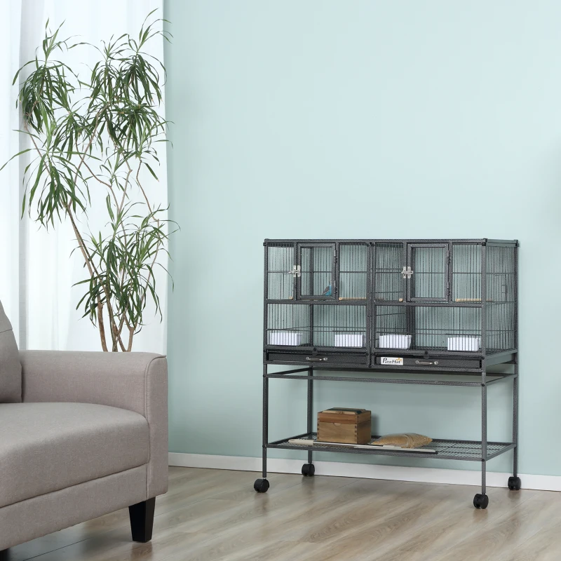 PawHut Large Bird Cage Parrot Cage with Divider, Slide Tray for Finch Canaries Parakeets Cockatiels, 95 x 45.5 x 102 cm