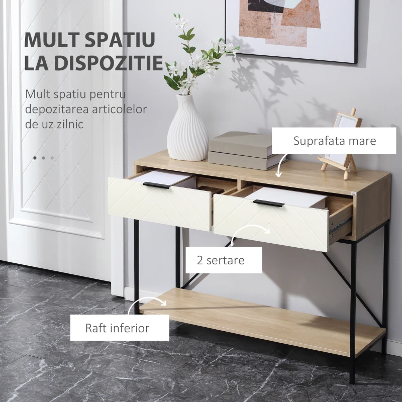 HOMCOM Consola moderna cu 2 sertare si raft deschis, masa canapea pentru intrare, hol sufragerie, natural