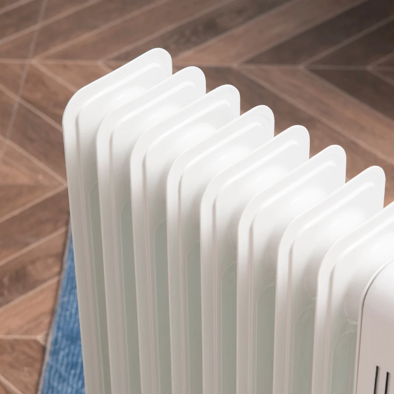 HOMCOM 2000W Oil Filled Radiator, 9 Fin, Portable Electric Heater with 3 Heat Settings, Safety Cut-Off and Wheels, White