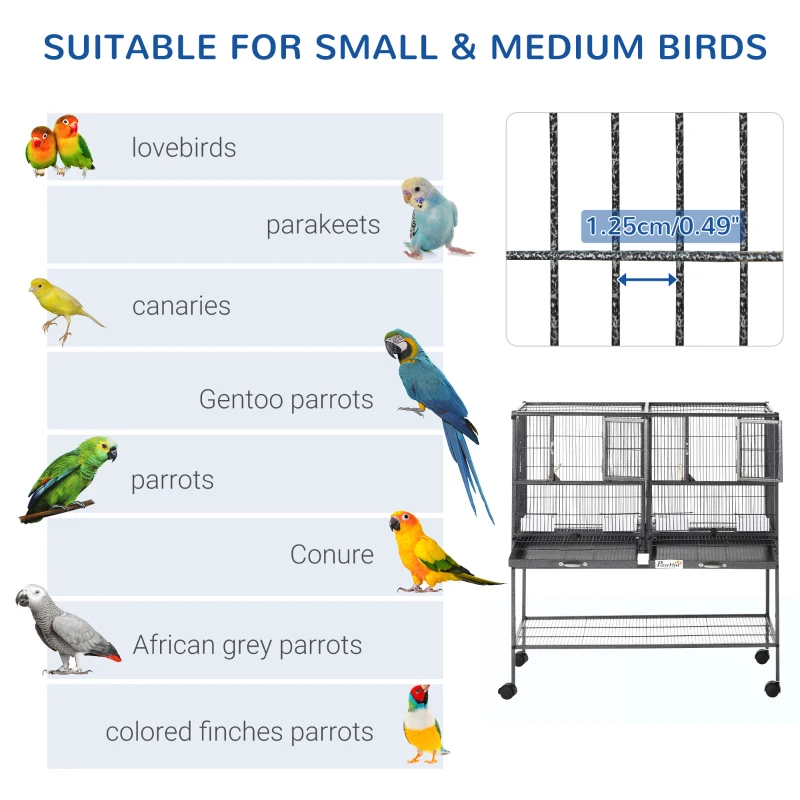 PawHut Large Bird Cage Parrot Cage with Divider, Slide Tray for Finch Canaries Parakeets Cockatiels, 95 x 45.5 x 102 cm