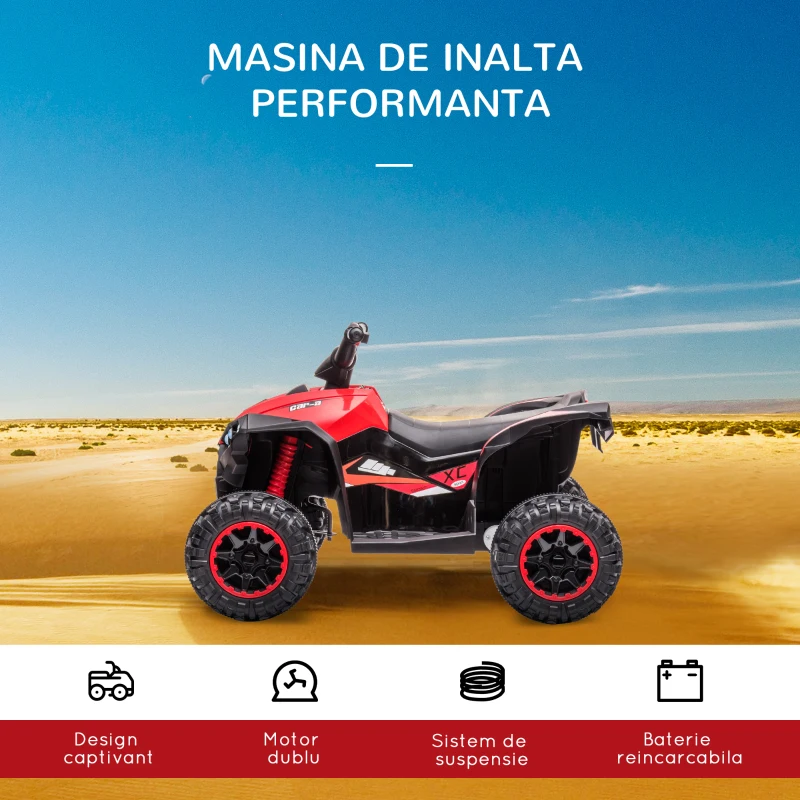 HOMCOM ATV 12V pentru copii cu cauciucuri late, masina, faruri LED, claxon, muzica, pentru 3-5 ani, rosu(m-4)
