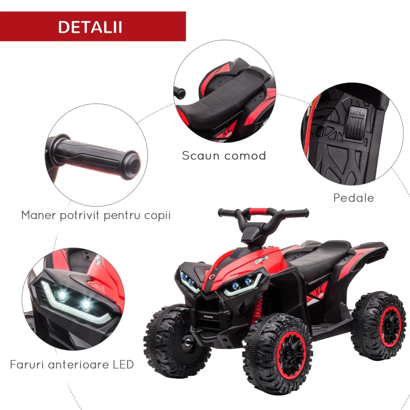 HOMCOM ATV 12V pentru copii cu cauciucuri late, masina, faruri LED, claxon, muzica, pentru 3-5 ani, rosu(m-7)