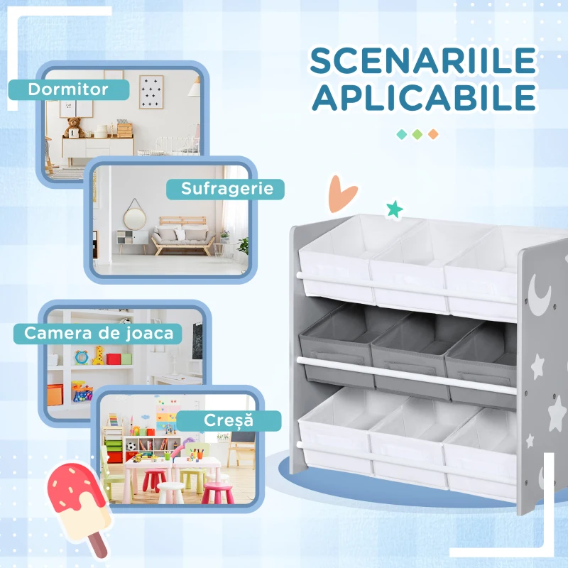 Dulap de Jucarii Zonekiz cu 9 Cosuri Detasabile, Cutie de Depozitare pentru Jucarii din Lemn MDF si Material Textil
