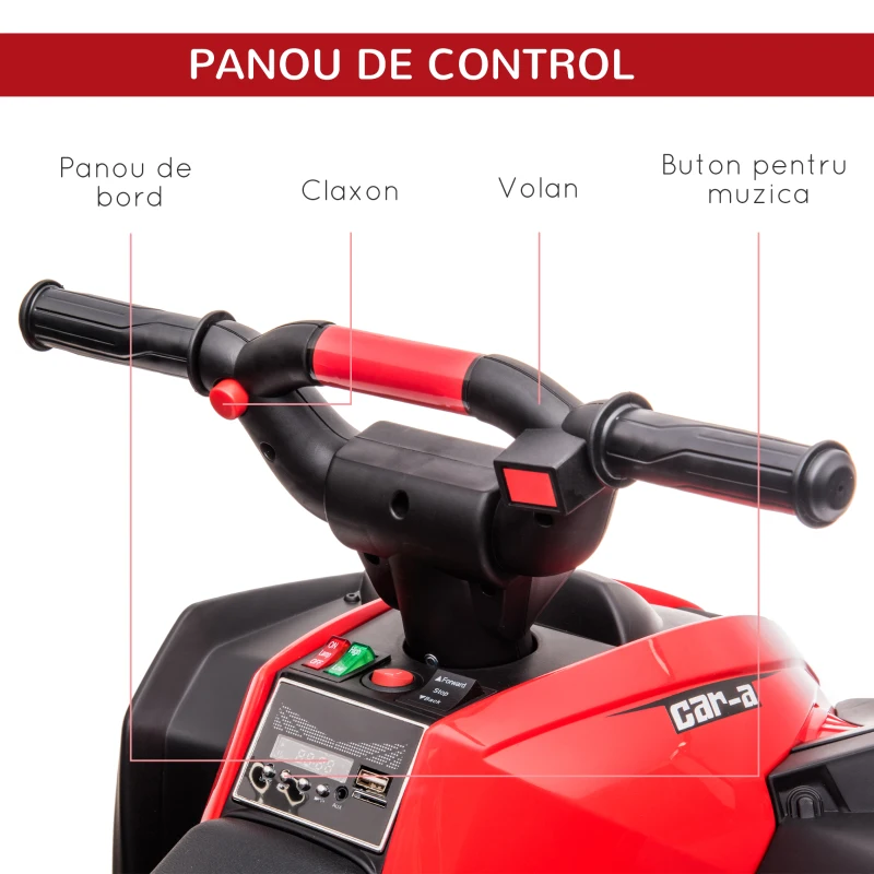 HOMCOM ATV 12V pentru copii cu cauciucuri late, masina, faruri LED, claxon, muzica, pentru 3-5 ani, rosu(m-6)