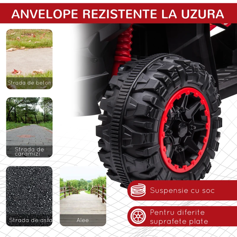 HOMCOM ATV 12V pentru copii cu cauciucuri late, masina, faruri LED, claxon, muzica, pentru 3-5 ani, rosu(m-5)