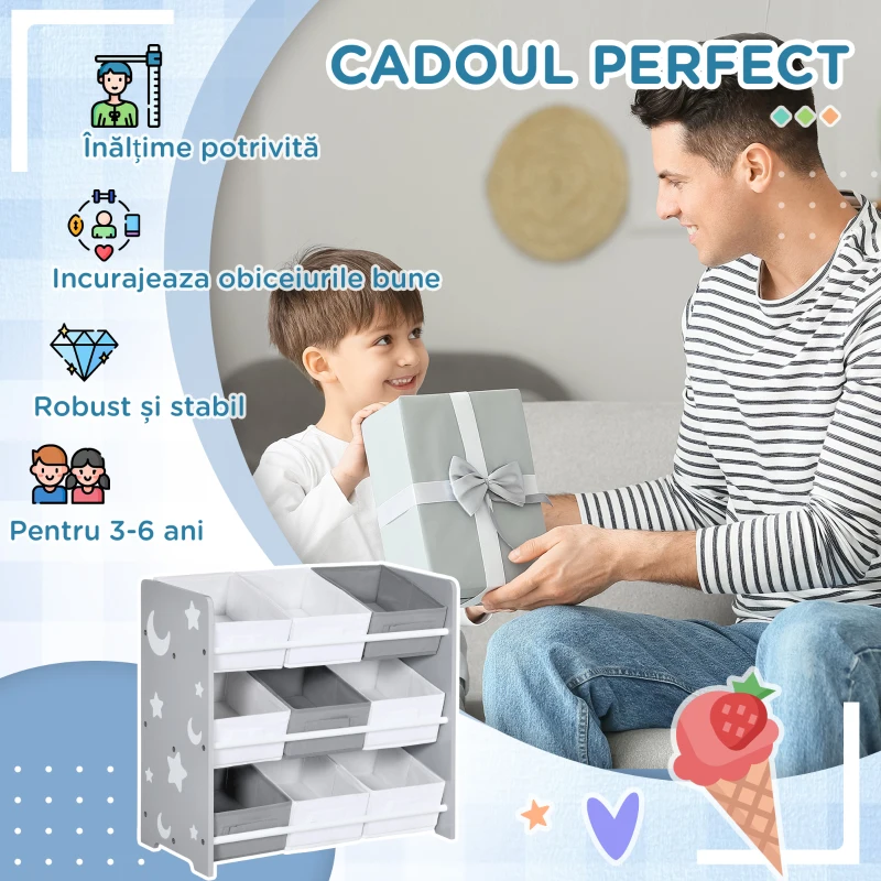 Dulap de Jucarii Zonekiz cu 9 Cosuri Detasabile, Cutie de Depozitare pentru Jucarii din Lemn MDF si Material Textil