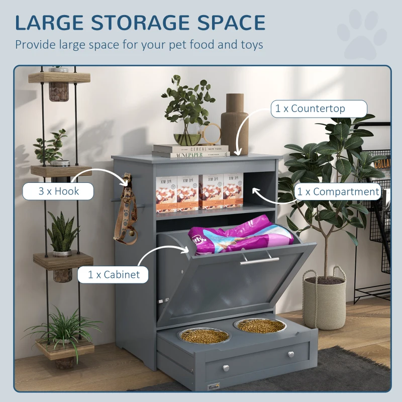 PawHut Pet Feeder Station, Dog, Cat Storage Container, with Raised Bowls, Hanger, Cabinet - Grey