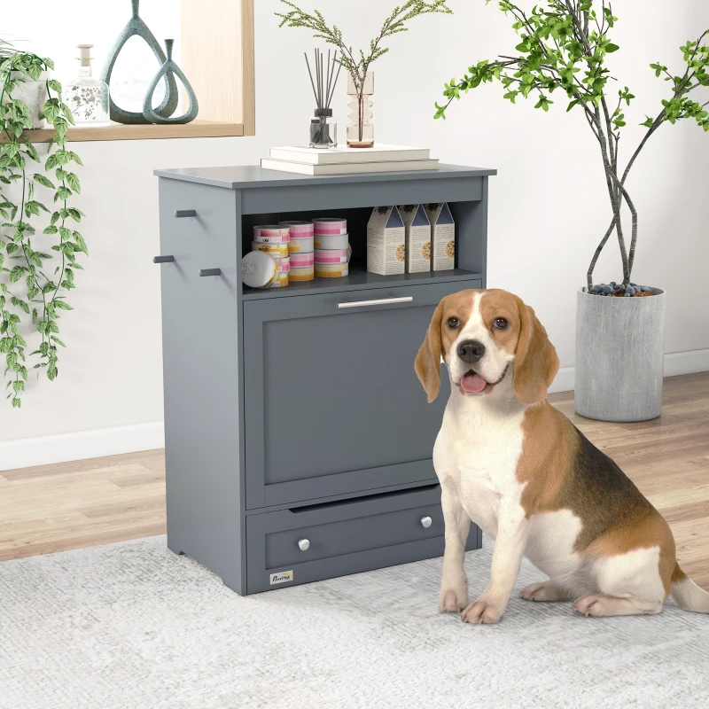 PawHut Pet Feeder Station, Dog, Cat Storage Container, with Raised Bowls, Hanger, Cabinet - Grey