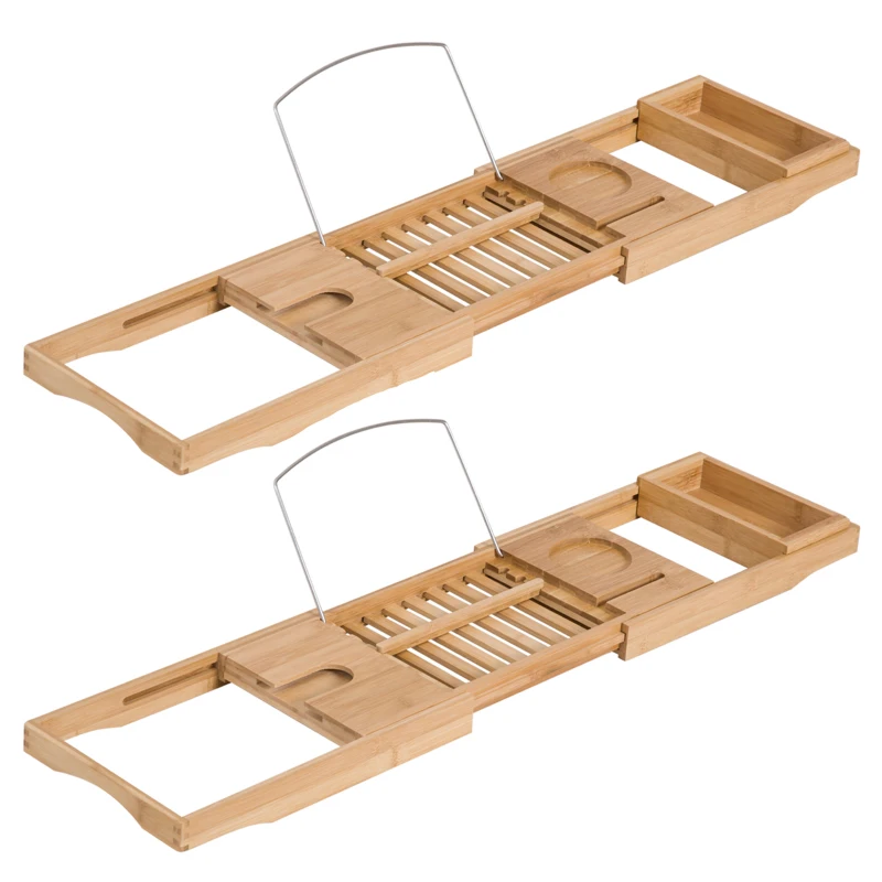 HOMCOM Extendable Bamboo Bathtub Shelf Rack Bath Caddy Tray Bathroom Storage, Set of 2