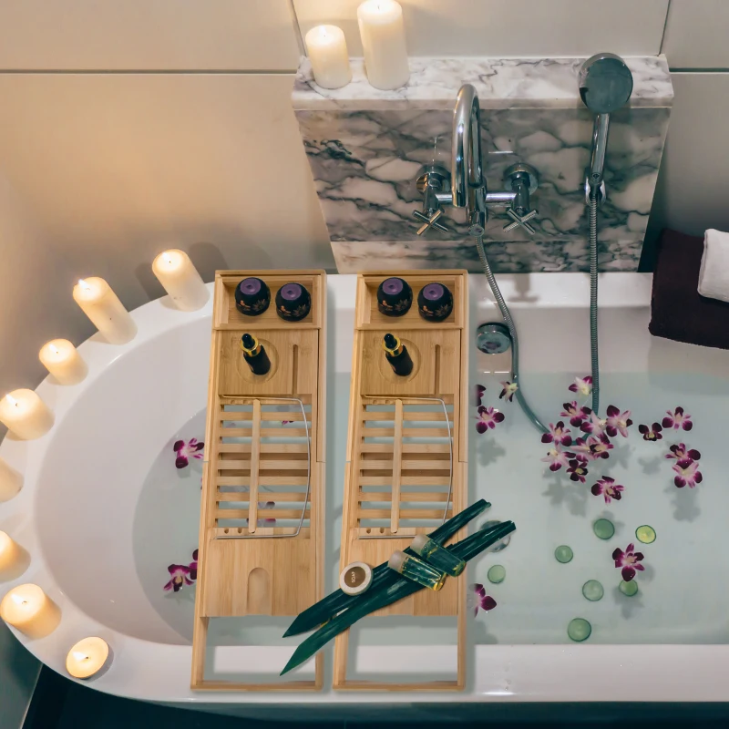 HOMCOM Extendable Bamboo Bathtub Shelf Rack Bath Caddy Tray Bathroom Storage, Set of 2