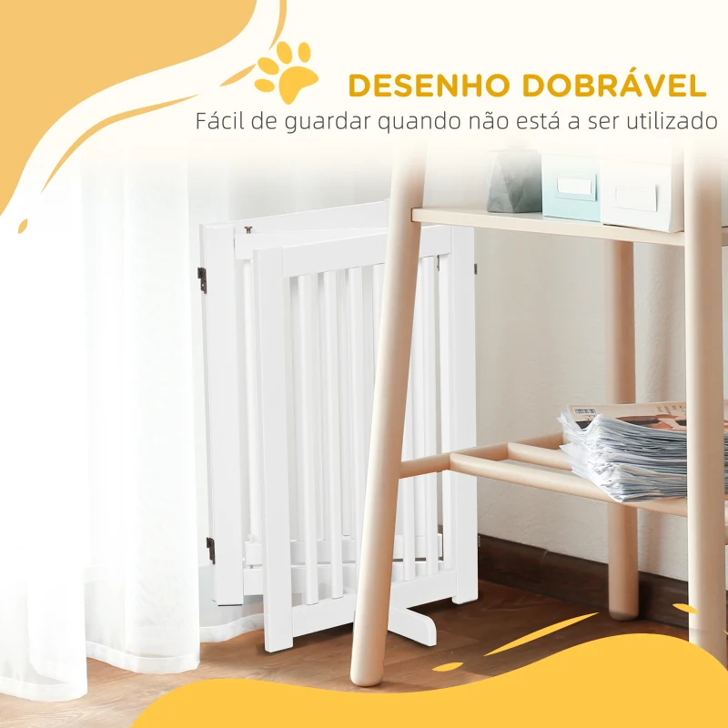PawHut Barreira para Cães de Madeira Barreira para Animais de Estimação Dobrável de 3 Painéis com 1 Porta e Pés de Apoio 155x35,5x76 cm Branco