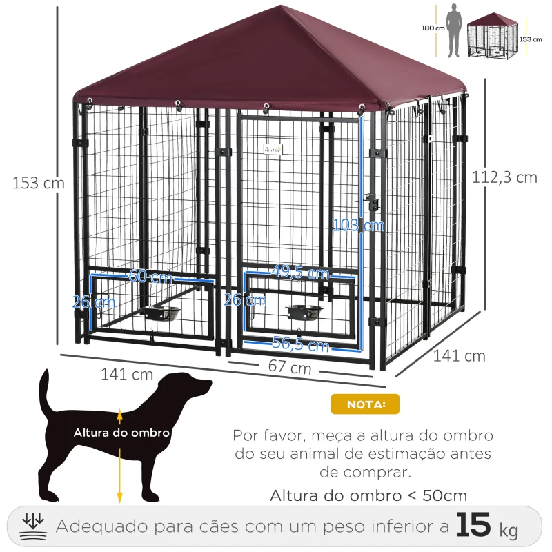 PawHut Parque para Cães com 8 Painéis 2 Suportes Giratórios para Comida 2 Tigelas e Toldo Impermeável 141x141x153 cm Preto e Vermelho