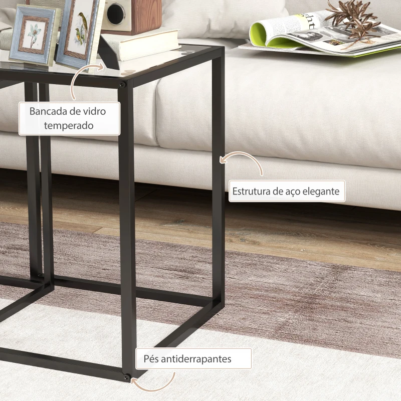 HOMCOM Conjunto de 2 Mesas de Centro Quadradas Empilháveis com Bancada de Vidro Temperado e Estrutura de Aço 33x33x45,5 cm e 42x42x51 cm Preto