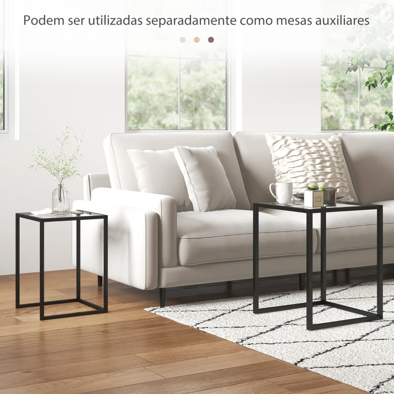 HOMCOM Conjunto de 2 Mesas de Centro Quadradas Empilháveis com Bancada de Vidro Temperado e Estrutura de Aço 33x33x45,5 cm e 42x42x51 cm Preto