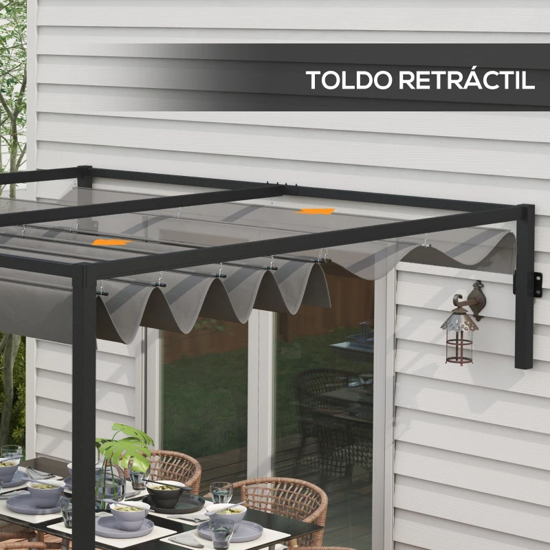 Outsunny Pérgola de Parede 297x211x220 cm Pérgola de Jardim com Teto Retrátil e Estrutura de Aço Pérgola para Pátio Exterior Cinza Escuro