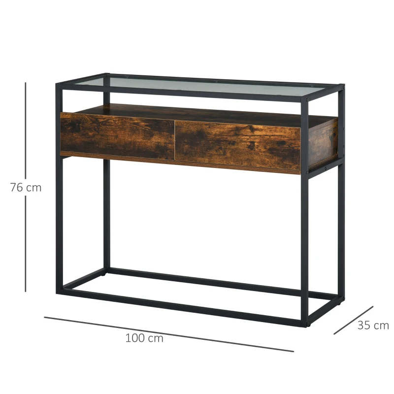 HOMCOM Tavolo Consolle da Ingresso e Soggiorno, Ripiano in Vetro, Mensola e 2 Cassetti, in Metallo e Legno, Nero e Marrone, 100x35x76cm