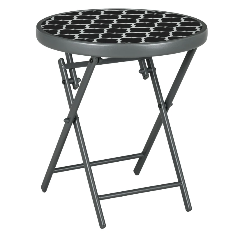 Outsunny Φ45cm Garden Side Table, Outdoor Round Folding Patio Table with Imitation Marble Glass Top, Small Coffee Table, Black and White