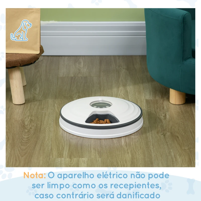PawHut Comedouro Automático para Cães e Gatos com Temporizador Ecrã LED Digital 6 Tigelas 128 ml e 4 Comidas Diárias Ø30,5x7,2 cm Branco