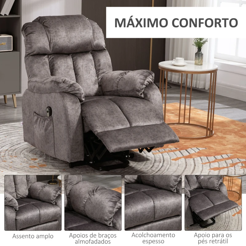 HOMCOM Poltrona Levanta Pessoas Estofada em Veludo com Reclinação Elétrica 135° e Apoio para os Pés 83x91x100 cm Cinza