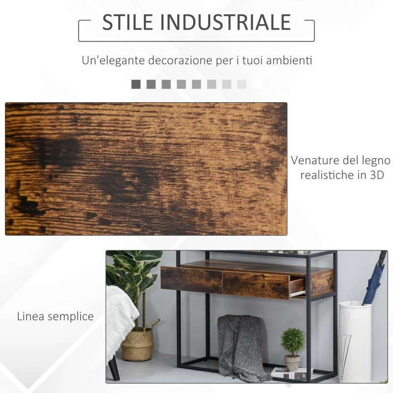 HOMCOM Tavolo Consolle da Ingresso e Soggiorno, Ripiano in Vetro, Mensola e 2 Cassetti, in Metallo e Legno, Nero e Marrone, 100x35x76cm