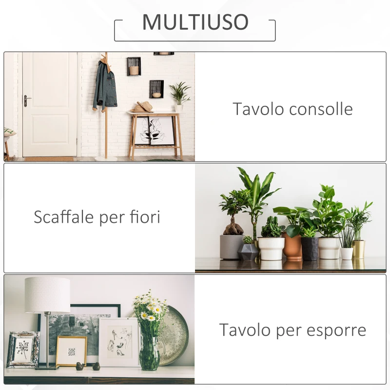 HOMCOM Tavolo Consolle da Ingresso e Soggiorno, Ripiano in Vetro, Mensola e 2 Cassetti, in Metallo e Legno, Nero e Marrone, 100x35x76cm