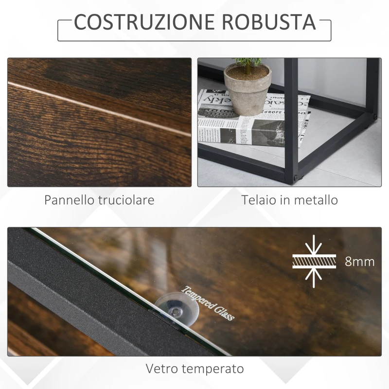 HOMCOM Tavolo Consolle da Ingresso e Soggiorno, Ripiano in Vetro, Mensola e 2 Cassetti, in Metallo e Legno, Nero e Marrone, 100x35x76cm