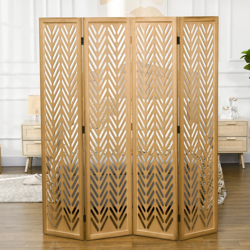 HOMCOM Biombo de 4 Painéis Dobrável 160x1,7x170 cm Separador de Ambientes de Madeira com Padrões Geométricos Madeira