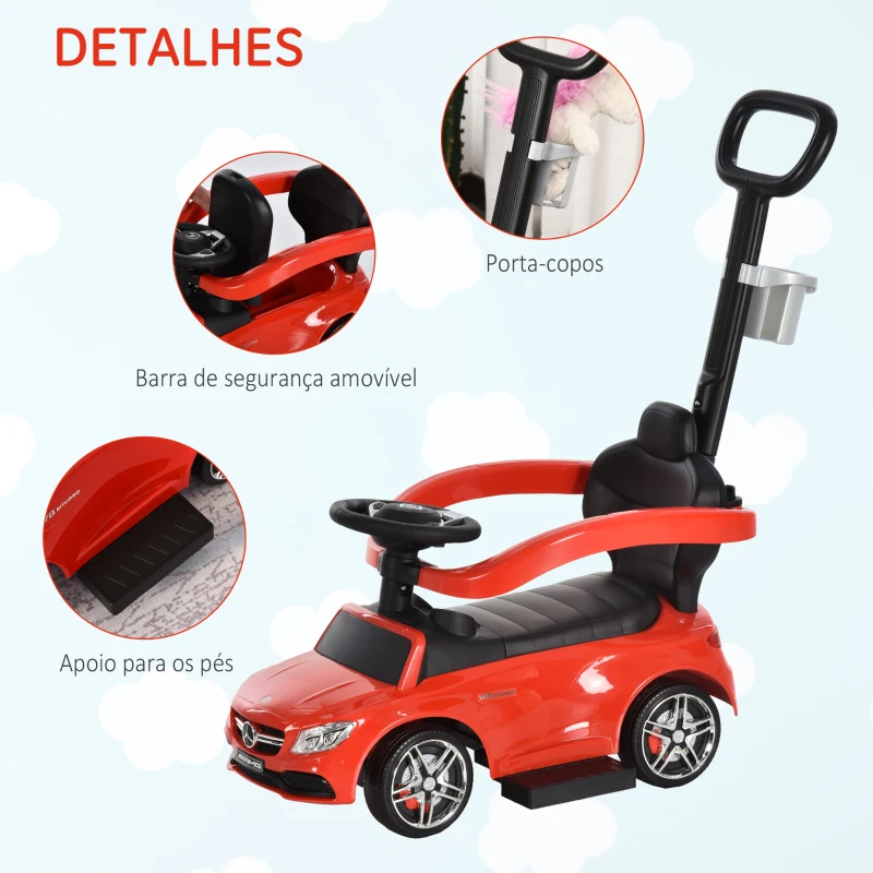 HOMCOM Carro Andador para Bebé Mercedes AMG C63 com Barreira de Segurança Buzina e Assento de Armazenamento 84x40x83 cm Vermelho