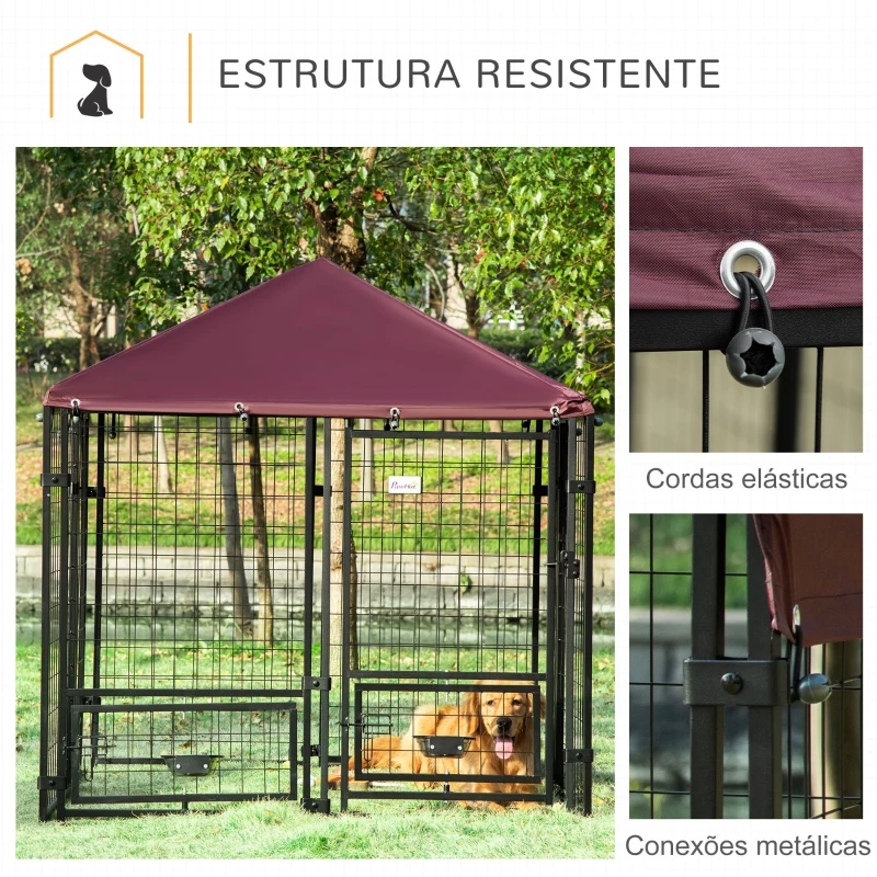 PawHut Parque para Cães com 8 Painéis 2 Suportes Giratórios para Comida 2 Tigelas e Toldo Impermeável 141x141x153 cm Preto e Vermelho