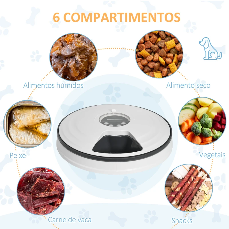 PawHut Comedouro Automático para Cães e Gatos com Temporizador Ecrã LED Digital 6 Tigelas 128 ml e 4 Comidas Diárias Ø30,5x7,2 cm Branco