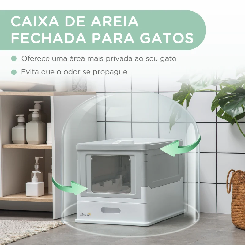 PawHut Caixa de Areia para Gatos Dobrável Caixa de Areia para Gatos Fechada com Bandeja Removível e Pá 47,5x35,5x36,7cm Cinza